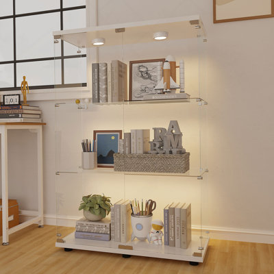 Versatile Tempered Glass Display Cabinet With Battery - Powered Light, Adjustable Feet And Casters For Any Indoor Space Storage