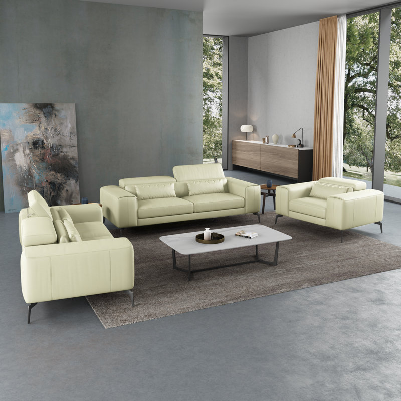 Cavour 3 - Piece Living Room Set, Off White Genuine Leather