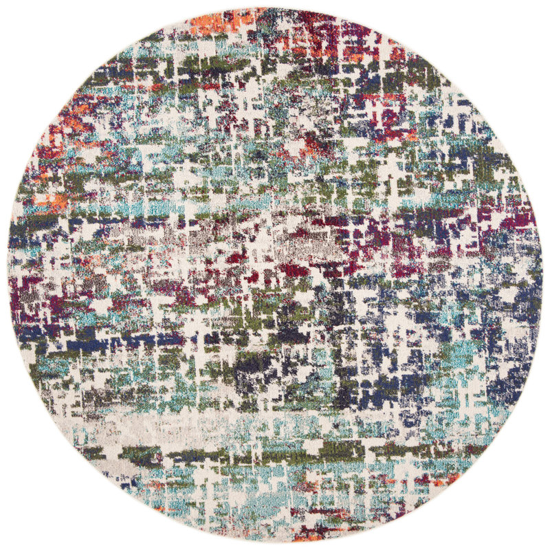 Felty Abstract Blue/Green/Orange Area Rug, Round 6'7"