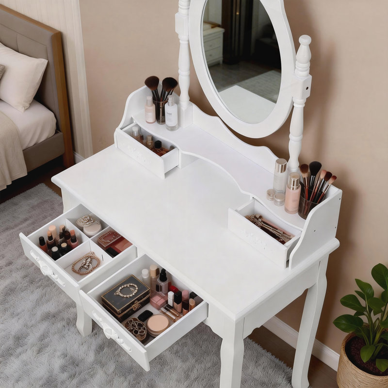 4-Drawer Vanity Desk Set With Mirror & Cushioned Stool, White