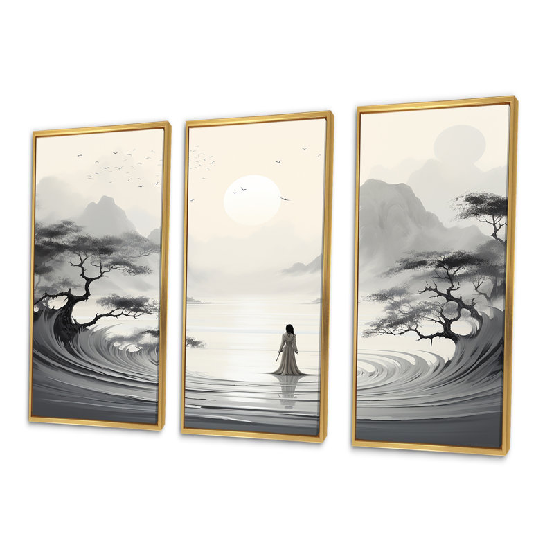 Jardin zen - ensemble d'art mural bouddhisme, Cadre flottant doré, H 28 po x l 36 po x P 1 po
