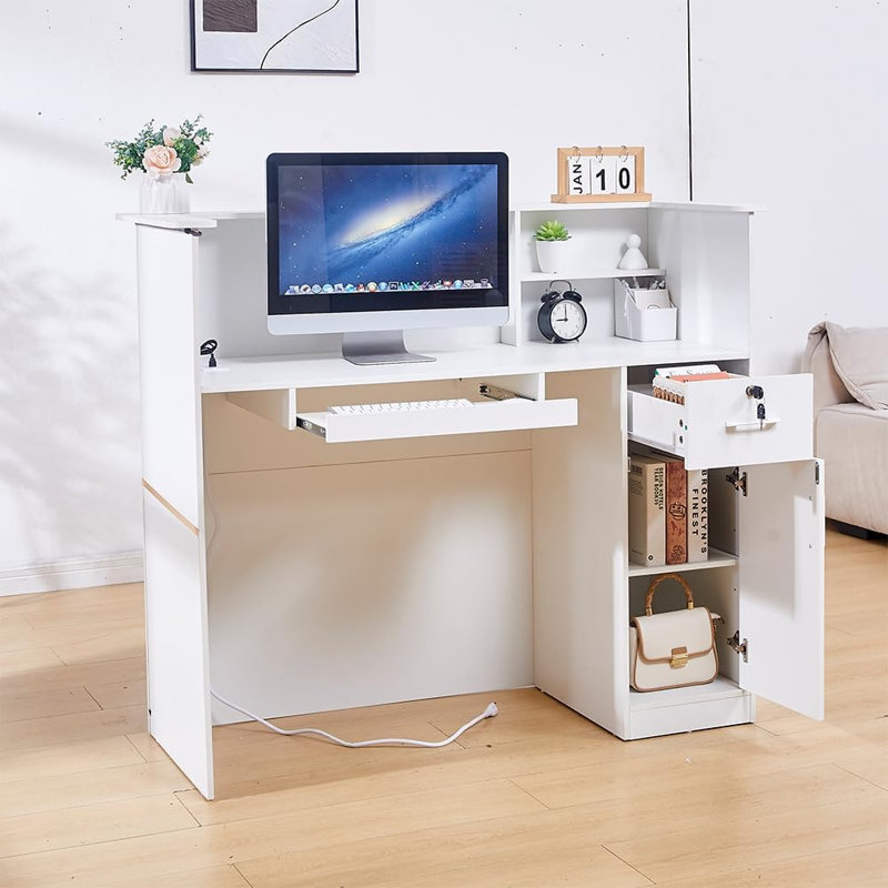 Bureau de réception rectangulaire blanc à DEL avec prise de courant intégrée, tiroir verrouillable et plateau à clavier. Parfait comptoir en bois pour les halls d'entrée, les salons et les magasins de détail