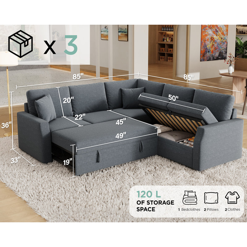 Sofa Bed, Sleeper Sofa with Pull Out Bed & Storage Seat, L Shape Sofa for Living Room, Beige Linen