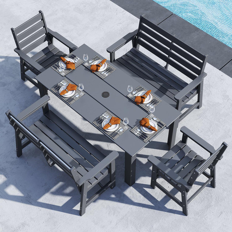 HDPE Outdoor-Dining-Table-Set, Gray, 5 Pieces: Table, 2 Chairs, 2 Benches