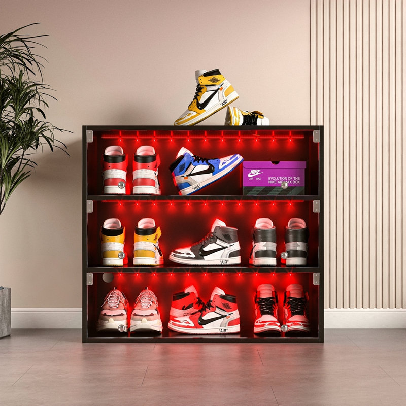 Boîte à chaussures à DEL avec trois couches et portes en verre, Noir