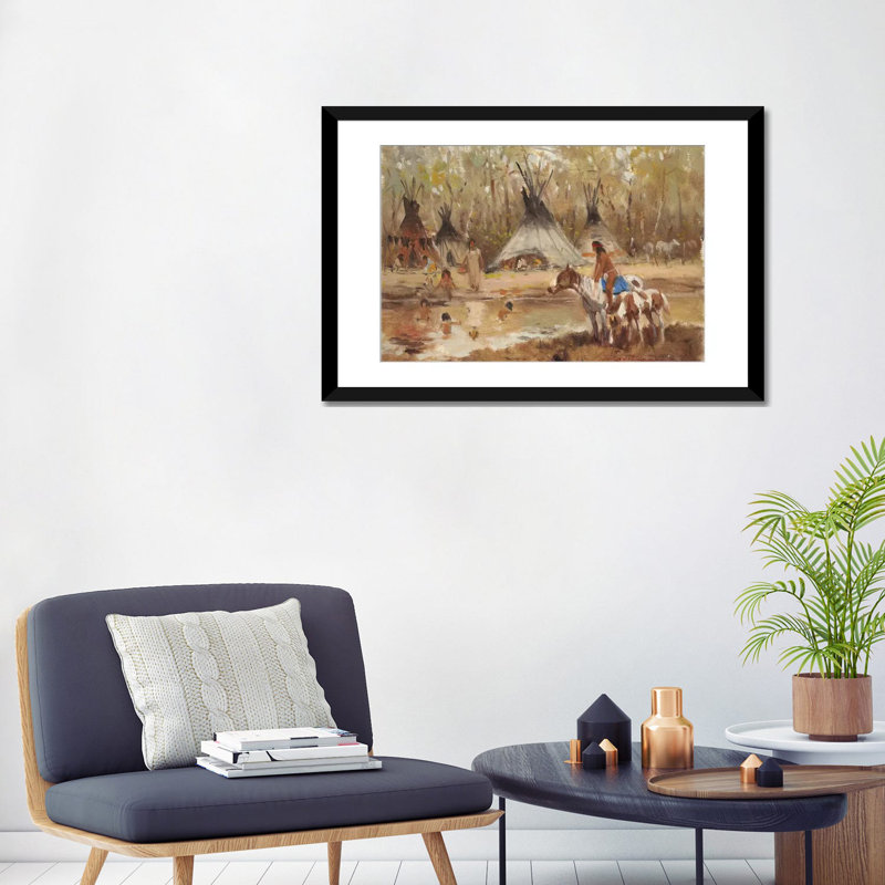 «Sioux Camp» par Ernest Chiriacka, impression sur toile tendue, Papier d'art encadré noir, H 24 po x l 32 po x P 1 po