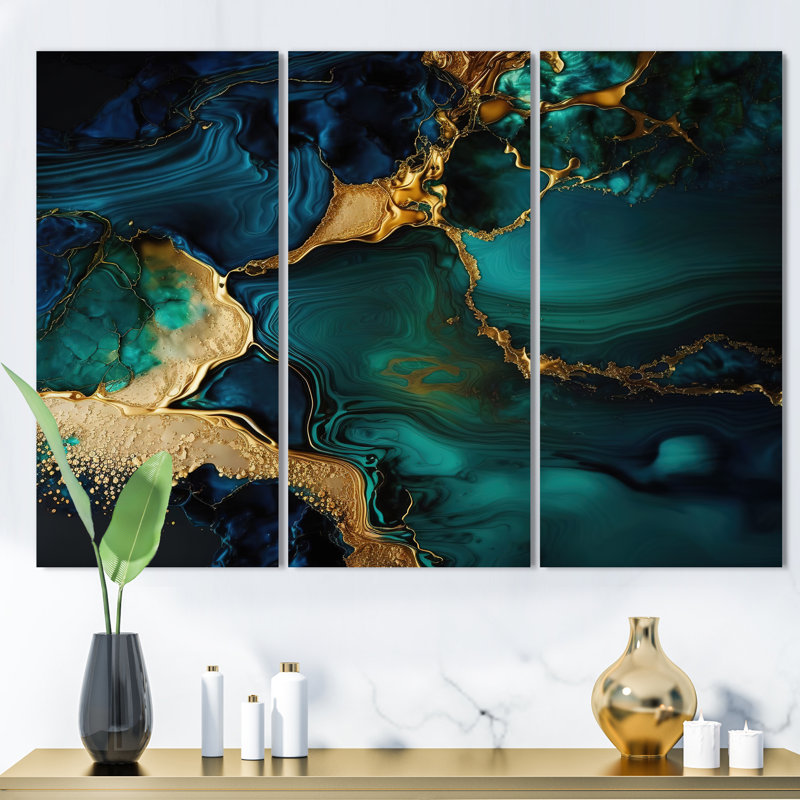 Géode abstraite, marbre vert et or - reproduction sur toile 3 pièces, H 32 po x l 48 po x P 1 po, Toile tendue