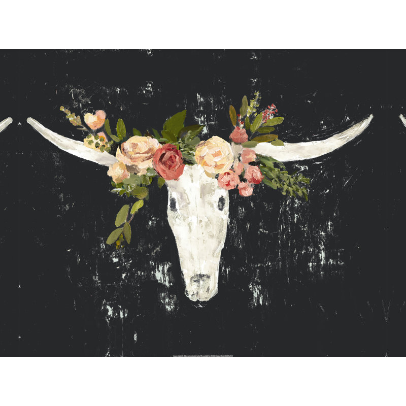 Boho Skull On Navy With Chunky Floral - Painting on Canvas, Black Floater Framed, 81 cm H x 122 cm W