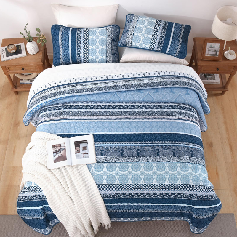 Ensemble de courtepointe 3 pièces Boho, Courtepointe pour lit grand + deux taies décorati, Marine