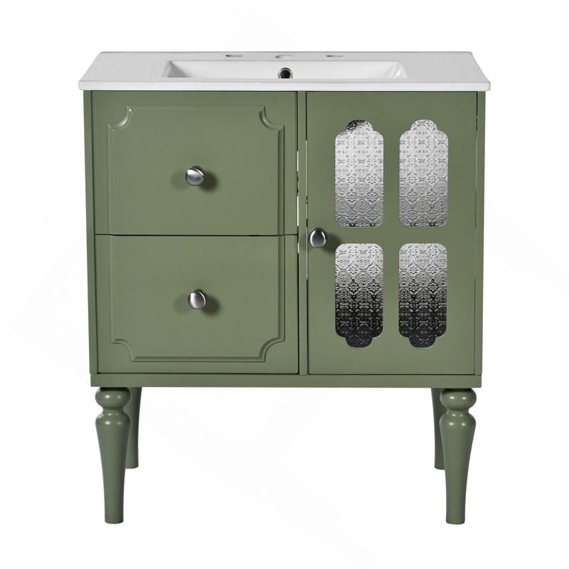 Meuble-lavabo de style rétro avec lavabo en céramique 30 po, meuble-lavabo simple autoportant avec 2 tiroirs, armoire de rangement en bois massif, vert