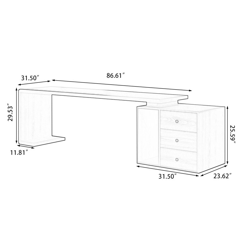 Light Walnut Color Rectangular Solid Wood with 3 drawers desk, 29.53" H x 86.61" W x 27.56" D