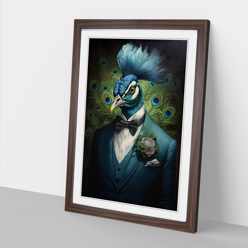 Peacock In A Suit Painting No.2 - Single Picture Frame Print on Wood, 34cm H x 25cm W x 2cm D, Walnut Framed