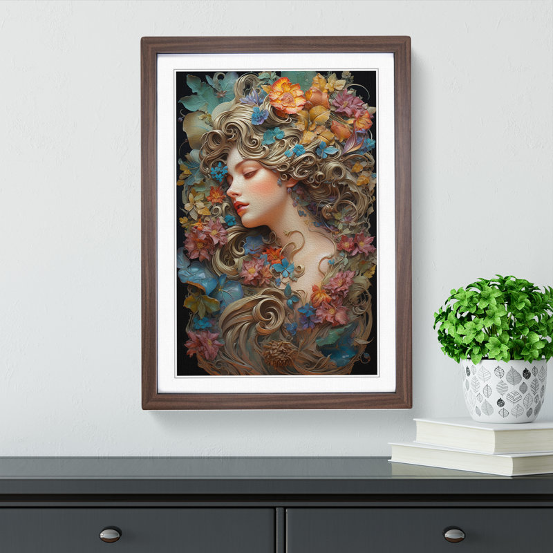 Floral Nouveau - Single Picture Frame Print on Wood, Walnut Framed, 46cm H x 34cm W