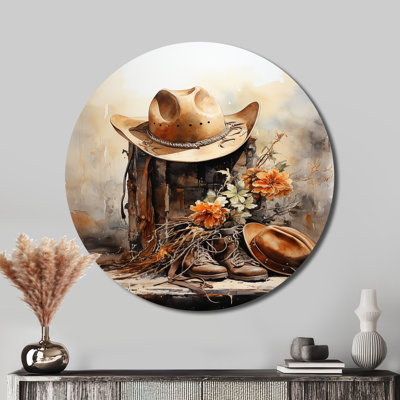 Minimalism Cowboy Hat And Boot II - People Round Metal Art Prints