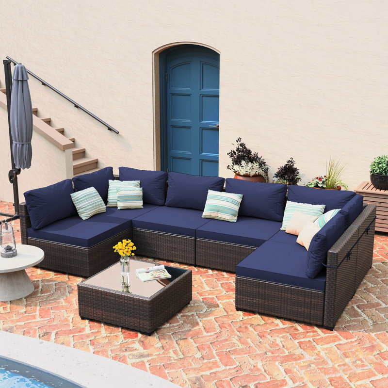 7-piece wicker patio conversation sets with cushions, Navy Blue