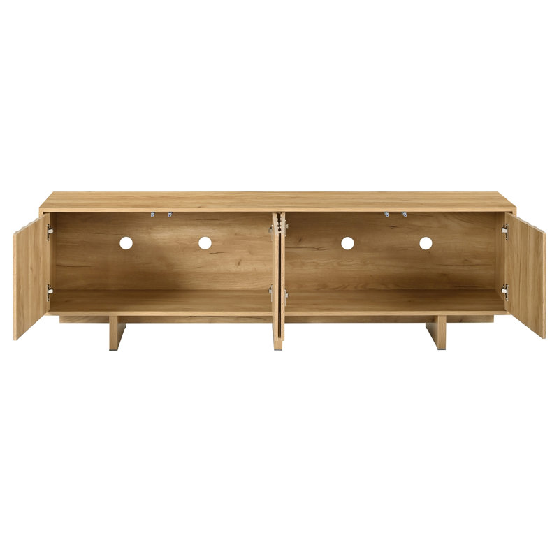 Meuble télé avec porte ondulée pour téléviseur de 75 po ou moins, console média rustique avec grand espace de rangement, meuble télé à base robuste avec gestion des câbles pour le salon, naturel