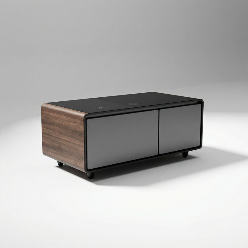 Modern Smart Coffee Table with Integrated Refrigerated Drawers, Bluetooth Speaker, Wireless Charging, Touch Control Panel, USB and Type-C Ports, Outlet Protection, Ambient Lighting, Brown Finish