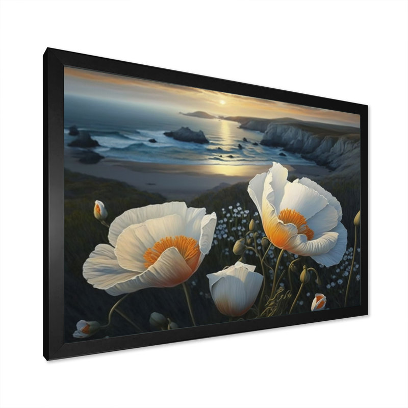 «White Flowers by the Coast III», reproduction sur toile, L 40 po x H 30 po, Impression noire sur toile encadrée