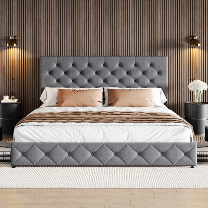 Zelna Upholstered Platform Storage Bed with 4 Drawers and Sleek Button Tufting, Light Gray, King