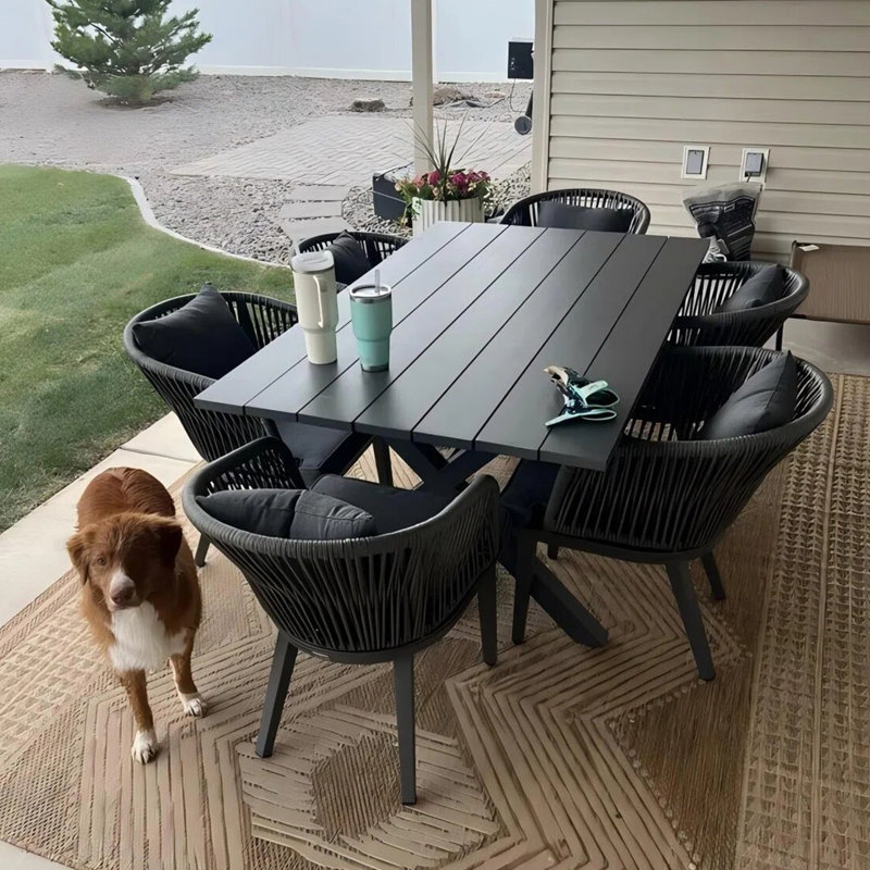 Laveyah 6 - Person Wicker Patio Dining Set with Rectangular Table , Cushions Included, Gray