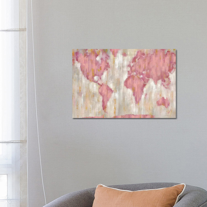«Blush World Map», impression sur toile, H 26 po x l 40 po x P 1,5 po, Toile tendue, Pas de tapis