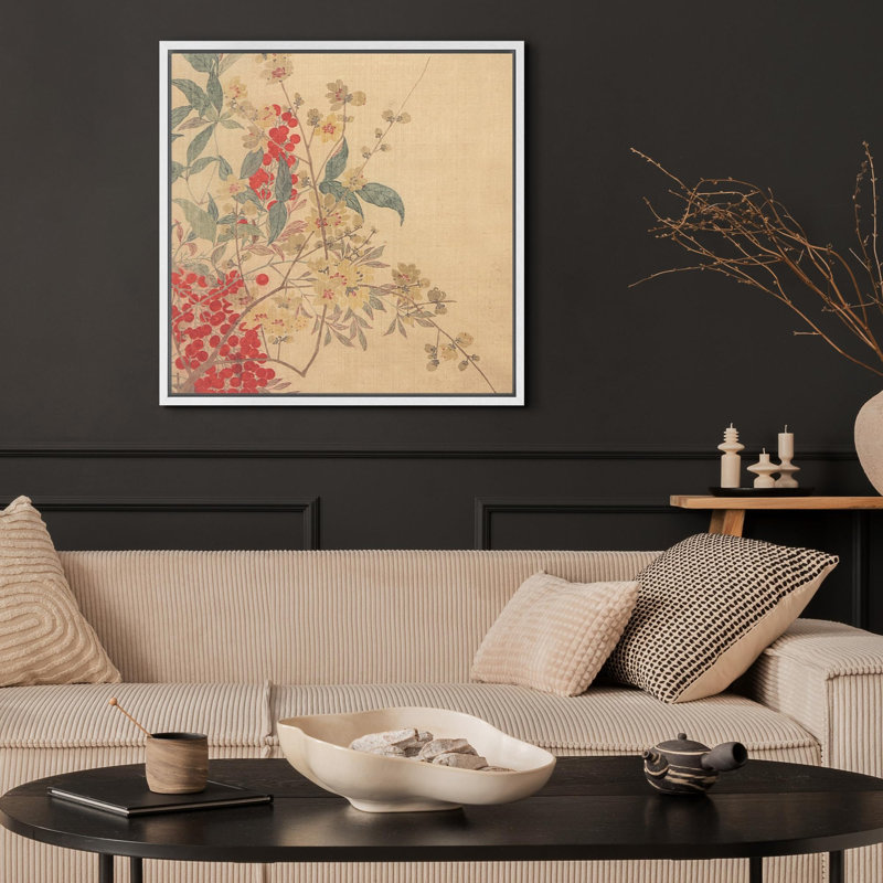 «Vintage Eastern Flora Traditional Asian Botanical Wilderness Illustration Rustic French Country», H 16 po x l 16 po, Blanc