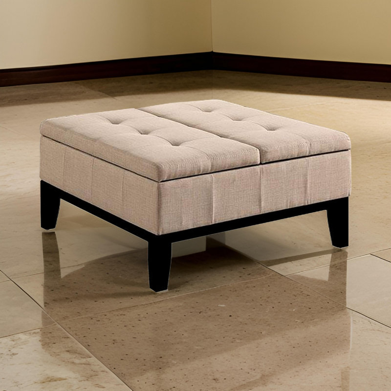 Rippley 36 Inch Ottoman, Split Storage Lid, Tufted Dark Gray Upholstery, Wood, Beige Fabric