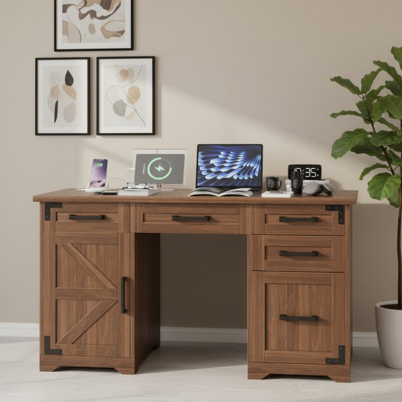 Bureau de direction Farmhouse avec station de charge, tiroir classeur, 4 tiroirs et armoire de rangement, Brun