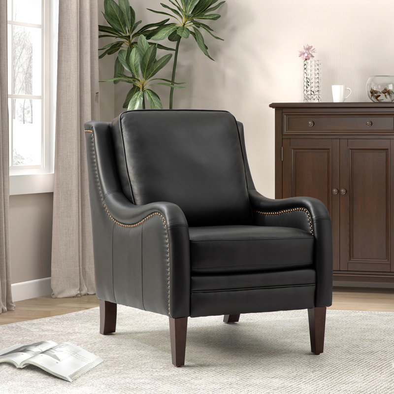 Amberlie 27.56" Wide Genuine Leather Armchair, Black Pebbled Faux Leather