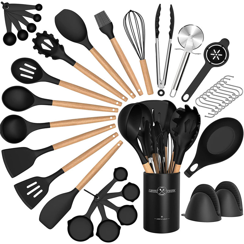 Ensemble d'ustensiles de cuisine en silicone, ensemble d'ustensiles de cuisine antiadhésifs, poignée en bois, résistant à la chaleur, noir