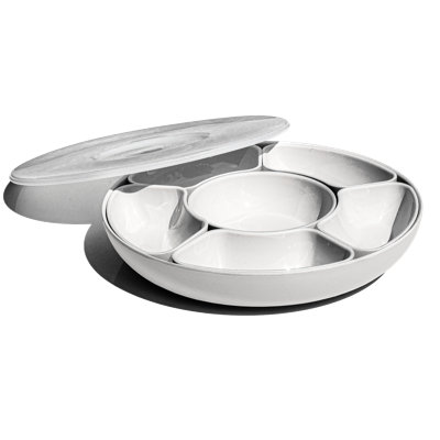 Lazy Susan - 6 sectioned bowls fit perfectly into a rotating lazy susan base for easy serving - Durable, Clear Lid snaps on for Portability 