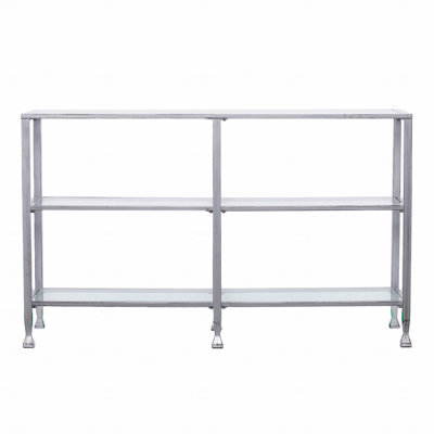48.5" Sleek Distressed Silver Metal & Glass Console Table – 3-Tier Tempered Glass Shelves