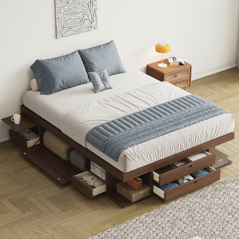 Base de lit plateforme de rangement avec plusieurs tiroirs et tablettes sans sommier, Noyer, Double