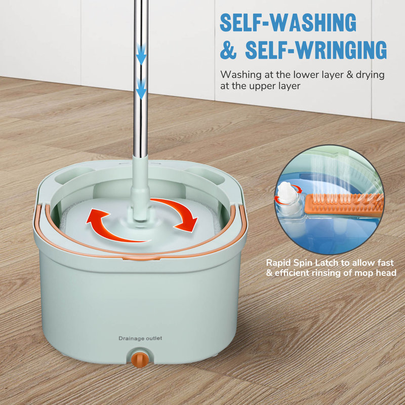 Green Spin Mop and Bucket with Microfiber Pads