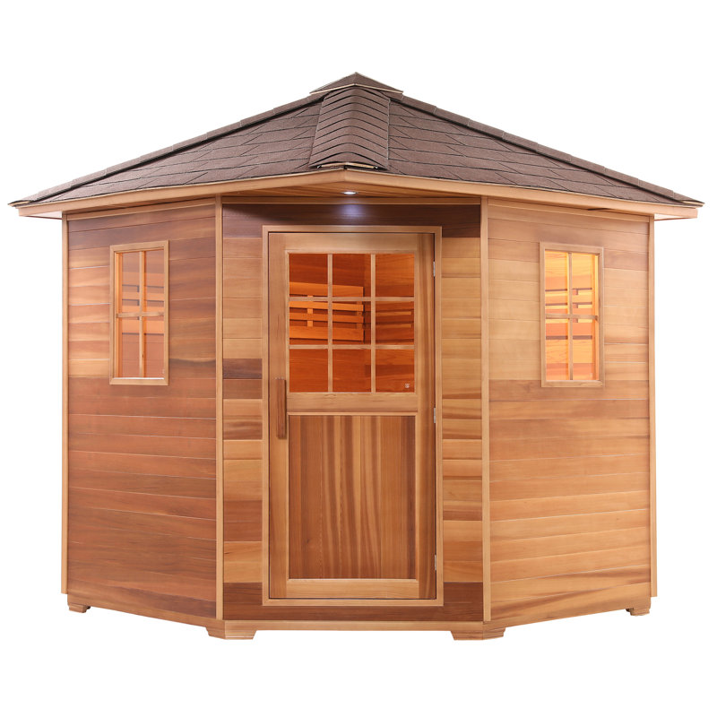 Canadian Red Cedar Wet Dry Outdoor Sauna with Asphalt Roof - 8 kW UL Certified Heater - 8 Person, Cedar