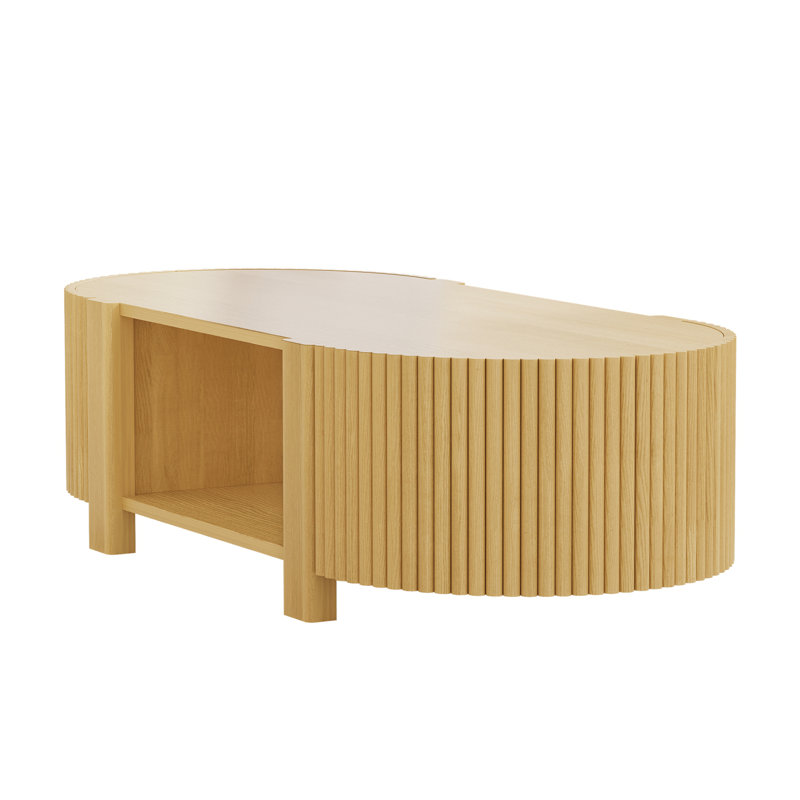Table basse ovale cannelée avec rangement pour le salon, bois d'hévéa massif, 1 tablette et 2 portes de rangement ouvertes