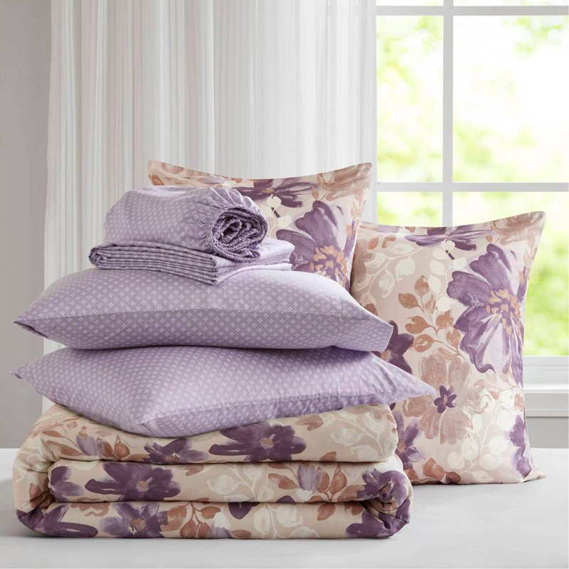 Ensemble d'édredon floral avec draps Taupe, Édredon double et 6 pièces supplémentaires, Floral mauve