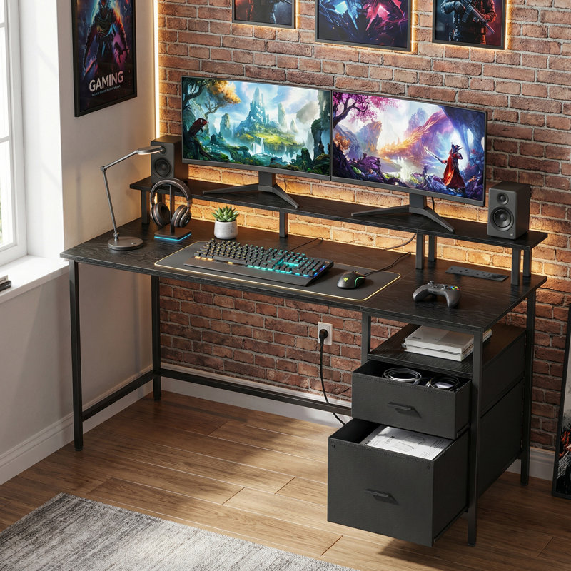 Daimar Metal Base Computer Desk with Power Outlet, 90cm H x 135cm W x 55cm D, Ebony Black