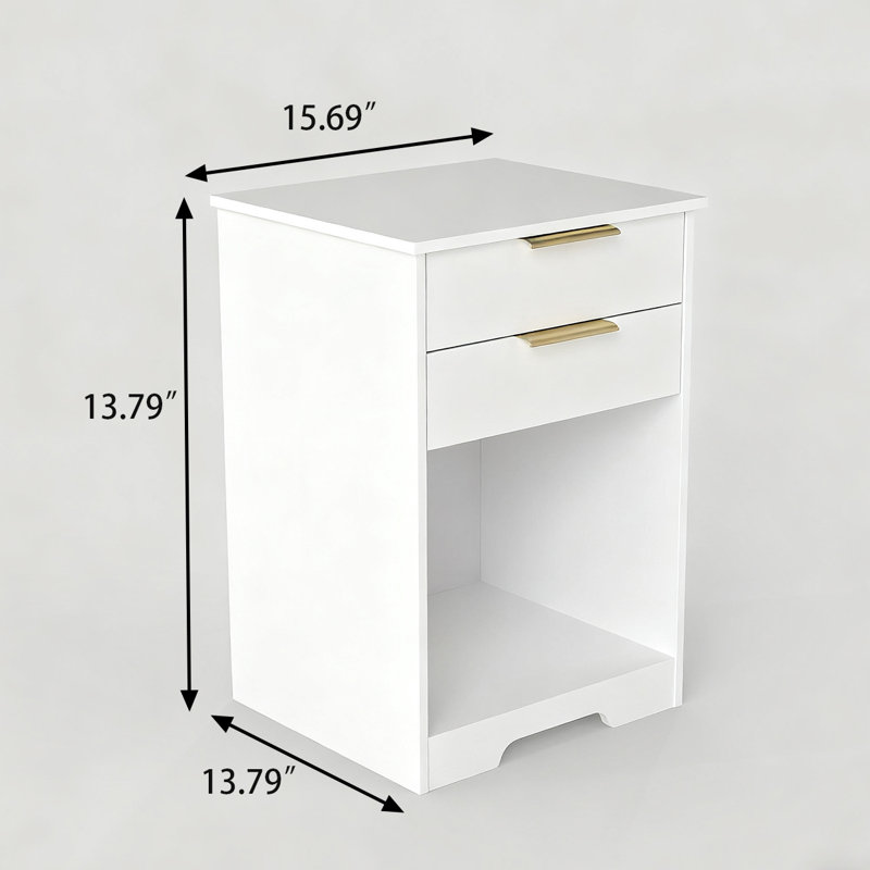 White 2 - Drawer Nightstand with Open Shelf, Gold Handles & Compact Design
