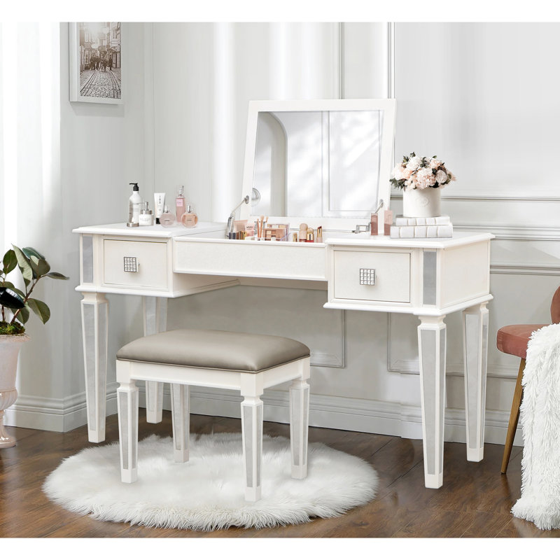 Table de maquillage en miroir - Bureau de coiffeuse avec tabouret en bois et pour rangement de qualité