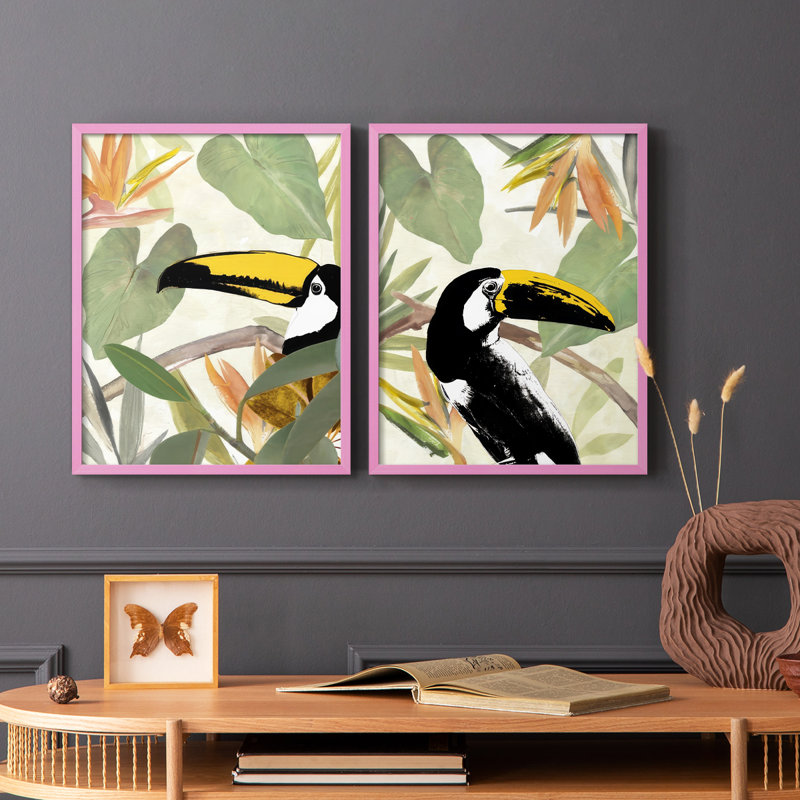 «Parrot in the Leaves I», reproduction encadrée de qualité supérieure - prête à être accrochée - aucun clou requis - aucun clou requis