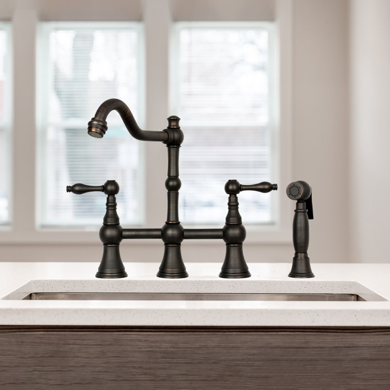 Brass Heritage Bridge Kitchen Faucet with Side Spray 2 Handles, Oil Rubbed Bronze