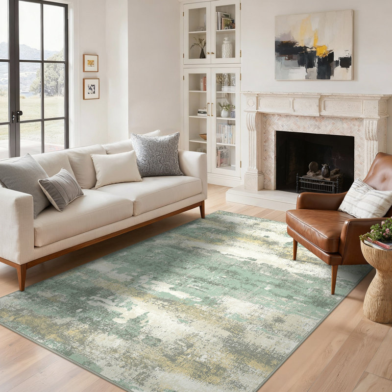 Abstract Machine Printed Area Rug, Rectangle 160 x 230 cm, Green/Yellow/Beige