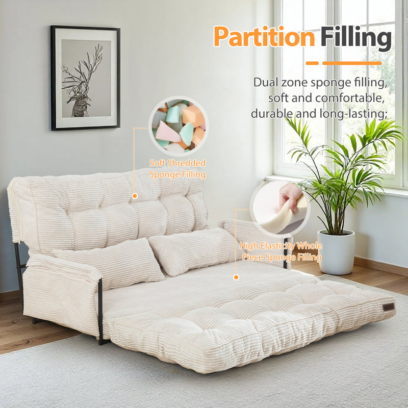 Bean Bag sofa,Floor Sofa Bed, Beige Corduroy, 25.6" H x 54" W x 25.6" D