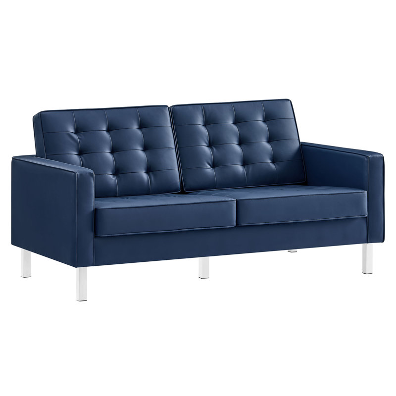 Loft Tufted Vegan Leather Loveseat, Faux Leather Navy