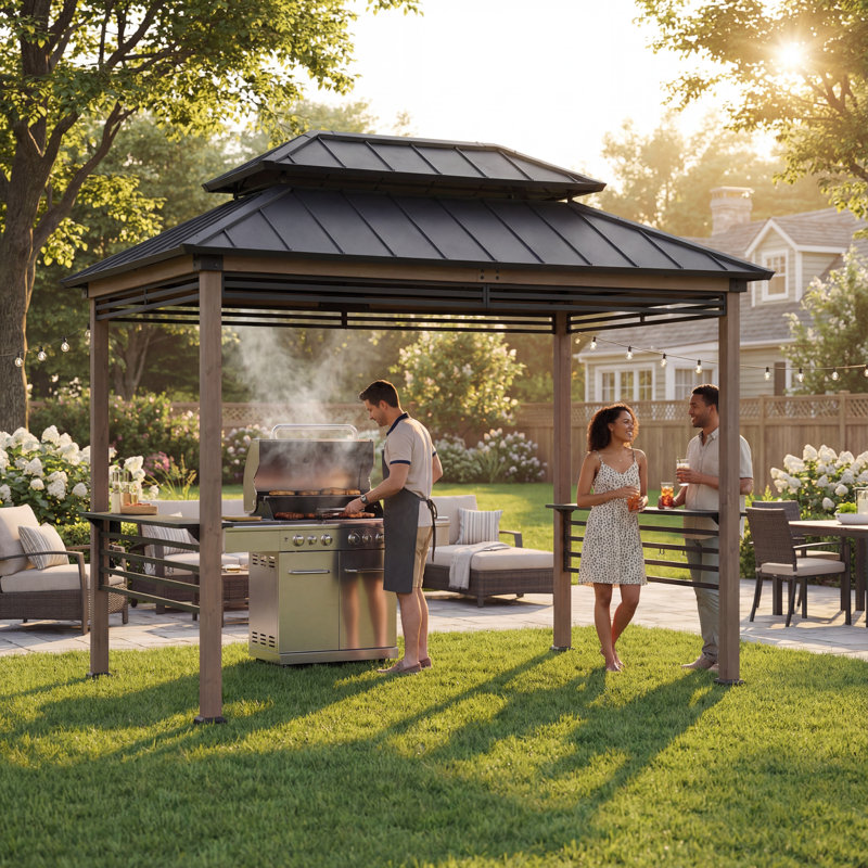 Sunjoy 8' x 12' Wooden Grill Gazebo with Power Outlet & Hanging Racks 9.5' Tall Hardtop Outdoor Barbecue BBQ Gazebo with Larger Steel Double Roof, 2 Side Shelves for Deck, Lawn, Backyard, Brown