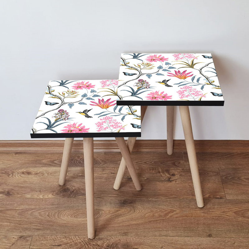 Modern Nesting Table Set (2 Pieces), Beech Wood Legs, 13.8 x 18.5 x 13.8 inches & 13.8 x 16.5 x 13.8 inches | 100% MDF with 0.7-inch Thickness | Stylish Floral Design for Living Room & Home Décor, Space-Saving Solution