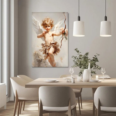 2D Flat, 1Pc Framed Canvas Wall Art, Cupid, bow and arrow, and roses, classical realistic style Art Print Canvas Poster Painting Room Wall Decor, Idea