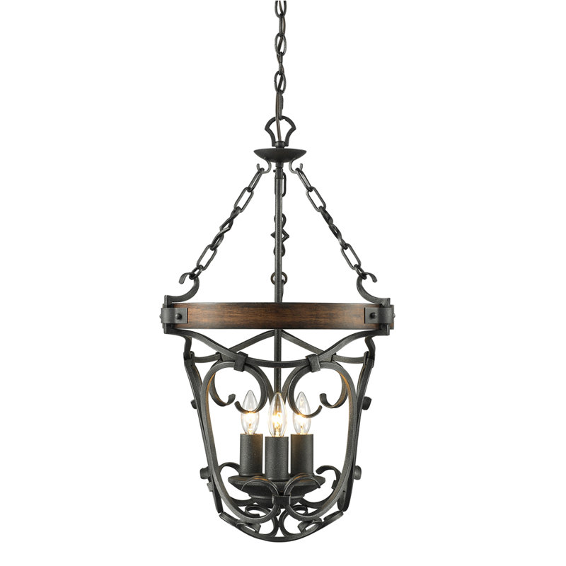Conyngham 3 - Light Steel Dimmable Cylinder Chandelier, Rustic Oak Wood, Black Iron