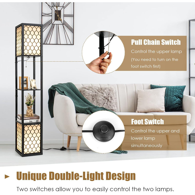 Floor Lamp With Storage Shelves, Linen Shade, Pull-Chain Switch, Etl Approved, Ambient Lighting